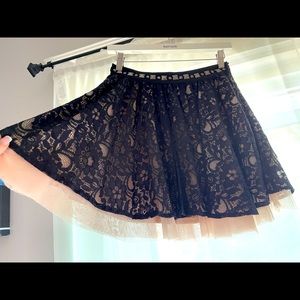 Black Lace and Nude Tulle Mini Skirt With Studs